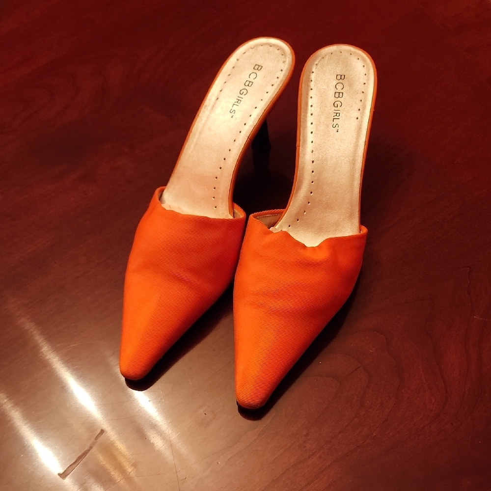 BCBGirls Tangerine Orange Knit Mules with Pointed Toe